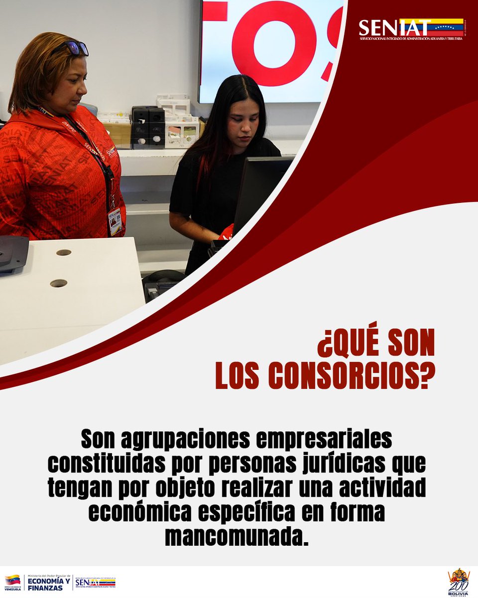 SENIAT_Oficial's tweet image. ¡Aprende sobre los Consorcios! Son agrupaciones empresariales que se asocian para realizar una actividad económica de forma mancomunada. 

Mantente informado con el SENIAT. 🇻🇪❤️

#Consorcios #SENIAT #AgrupacionesEmpresariales #PersonasJurídicas #ActividadEconómica