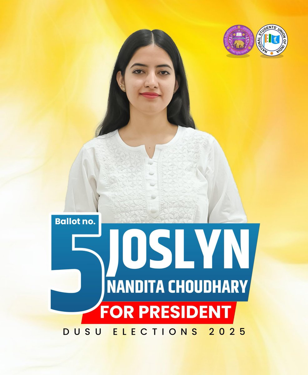 chandrkalanago1's tweet photo. @JoslynChoudhary Ballot Number - 5️⃣

#JoslynForPresident #JoinNsui 
#dusu2025

आप सभी मिलकर एक महिला को मजबूत करके भारी मतों से विजयी बनाए! https://t.co/dAbVjmf6k7