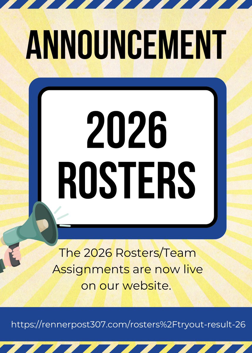 Post307Baseball's tweet image. Rosters for the 2026 season are posted. 

rennerpost307.com/rosters%2Ftryo…