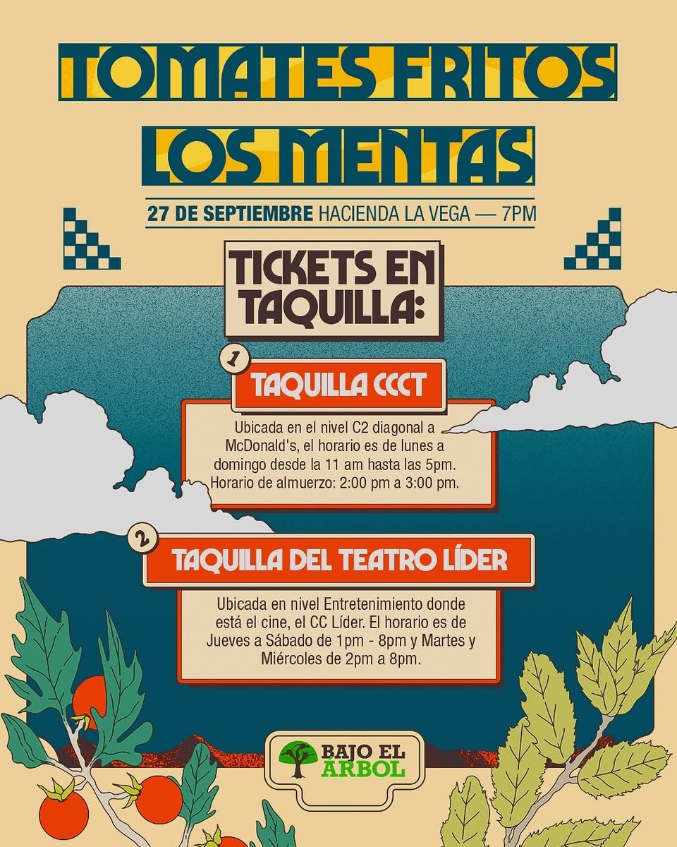 #AcaCaracas de rock venezolano con <a href="/tomatesfritos/">Tomates Fritos</a> y <a href="/LosMentas/">Los Mentas</a> en la  Hacienda La Vega de #ElParaíso este #27Sep

⏰️ 7:00 pm. 

<a href="/BajoElArbolCCS/">Bajo El Arbol</a> invita 🎸

#AgendaCaracasAlternativa #Conciertos #Rock #Caracas #Septiembre