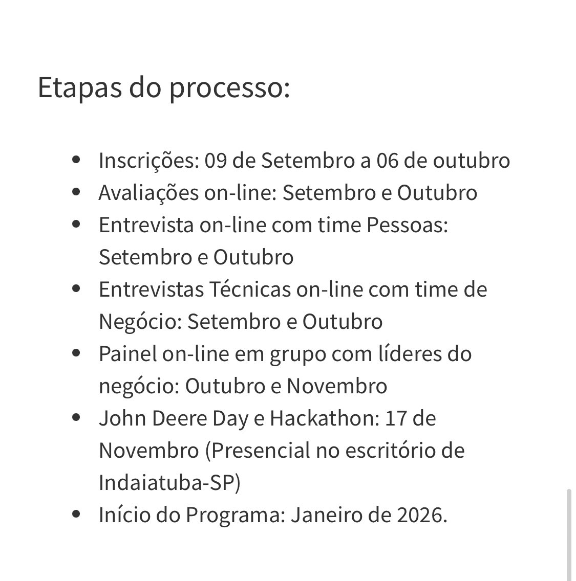Além daquele Trainee em Dados que a John Deere lançou, também estão com um em pra área de Desenvolvimento. Não é muito comigo mas bem interessante tendo em vista que não é comum.
Salário inicial: R$9.000 + Benefícios.

Requisitos:
- Formação em STEM
- Coding, API, SQL

E antes de