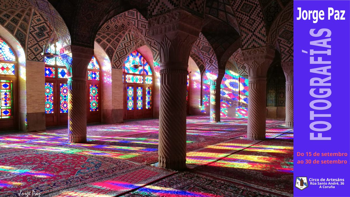 Exposición de Fotografía - Jorge Paz

📅 Do 15 o 30 de setembro
🕕 Mañán: de 9:00 a 14:30 -  Tardes: de 16:00 a 22:00
📍 Circo de Artesáns, Rúa Santo André, 36