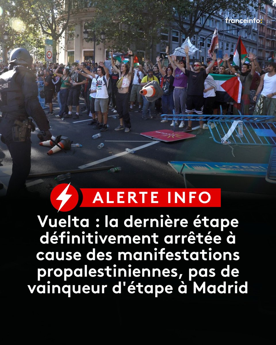 ALERTE INFO - En raison d'un nombre très important de manifestants dans la capitale espagnole, où devait se tenir l'arrivée de la dernière étape, dimanche, l'organisation a neutralise définitivement la course à 58 kilomètres du but.
➡️ l.franceinfo.fr/yr8