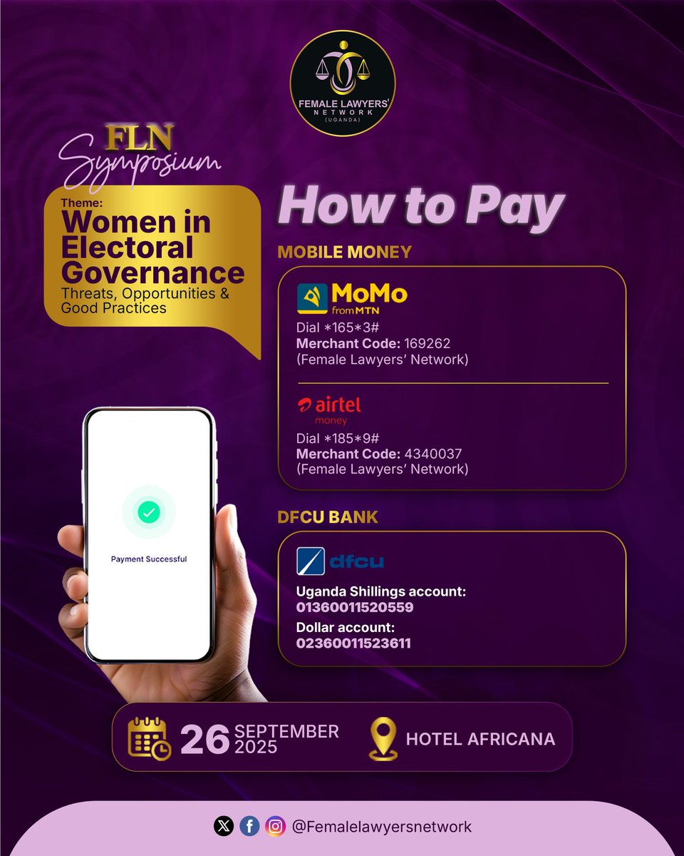 Empowering voices, shaping governance!  Join the FLN Symposium on Women in Electoral Governance: Threats, Opportunities &amp; Good Practices happening 26th Sept 2025 at Hotel Africana. 
Don’t miss it! Sponsored by   @LawatMas
 #FLNWomenGovernanceSymposium