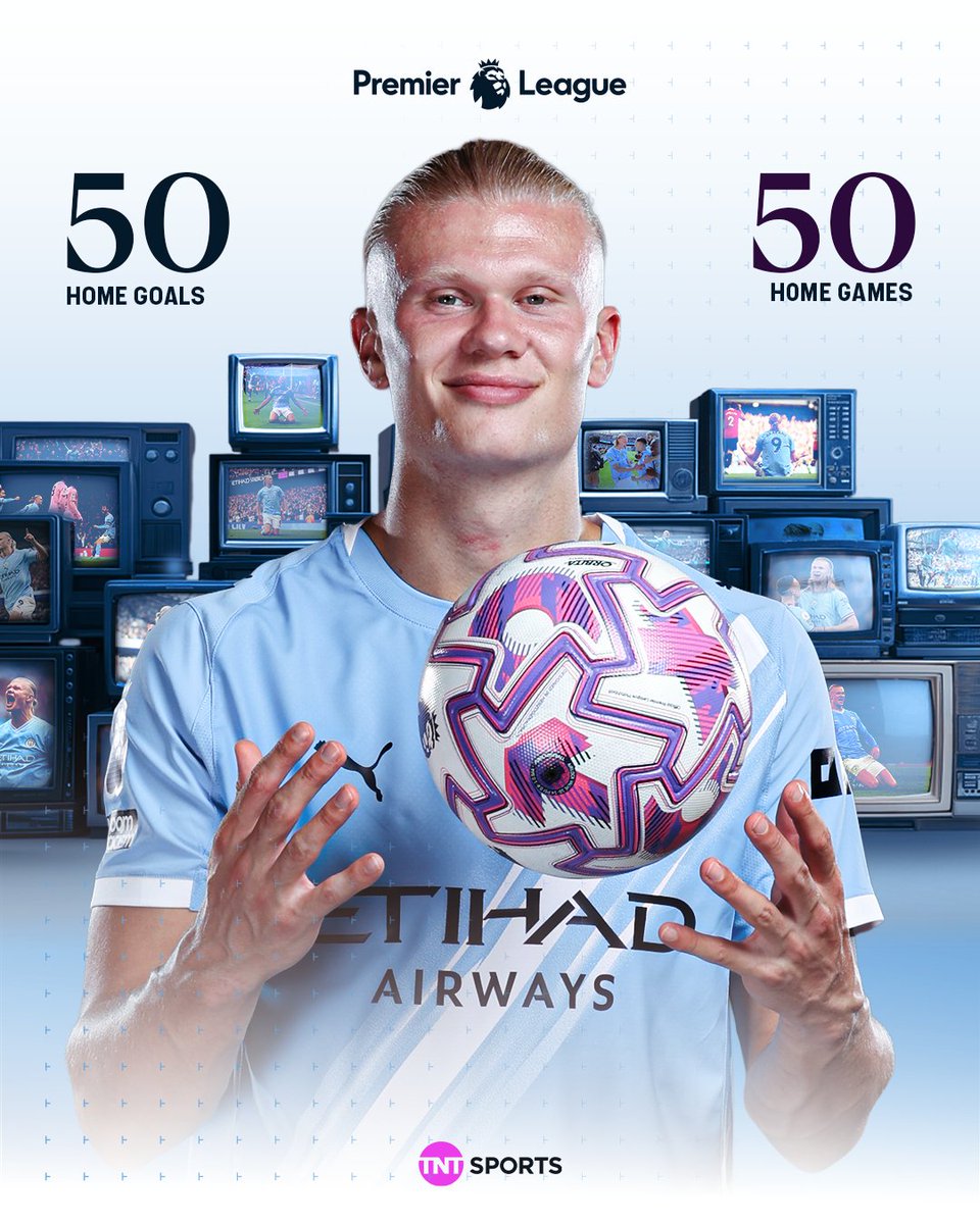 footballontnt's tweet photo. 50 in 50 ⚽️

Erling Haaland now has 50 home Premier League goals in 50 games for Manchester City. Insanity. 🤯 https://t.co/qOMHO13rxw