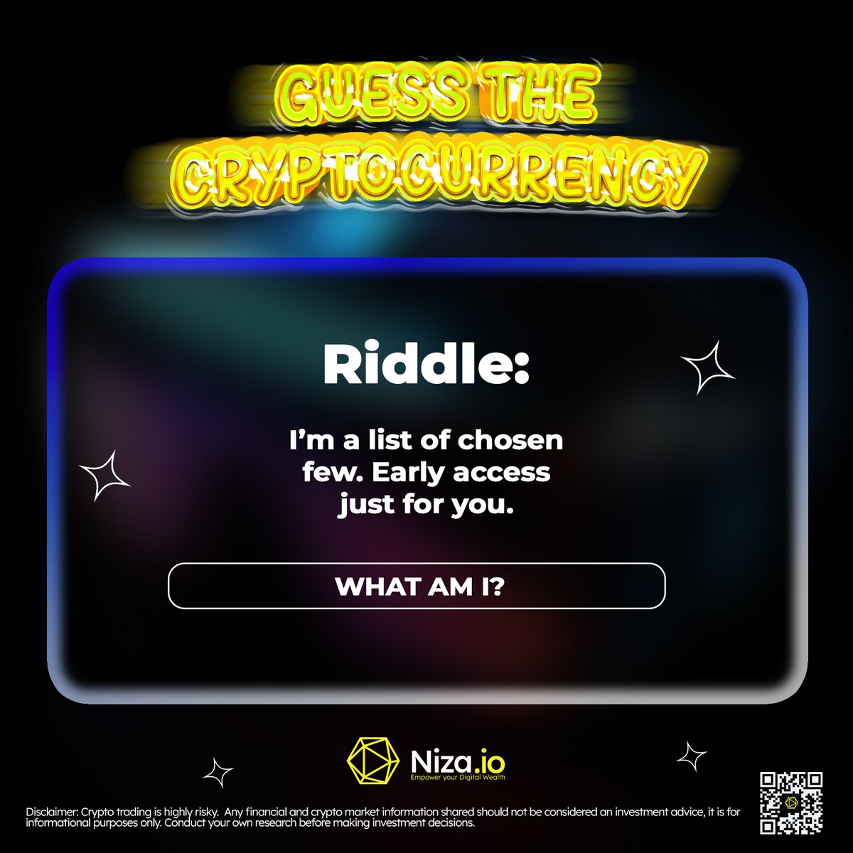nizacoin's tweet image. 🧩  I’m a list of chosen few. Early access just for you. Guess what am I? 💡

Drop your answers below! 👇🧠
#RiddleTime #BrainTeaser
