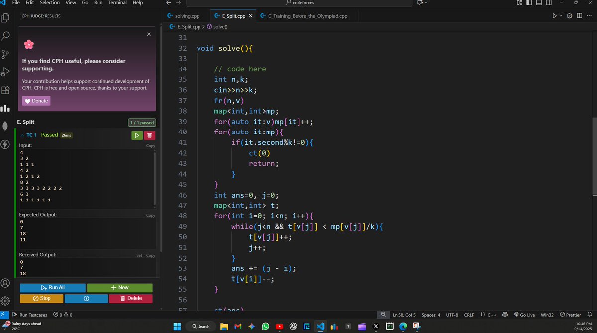 parveen125690's tweet image. Day 33 of #100DaysOfCode
🔹Solved E. Split from round 1050 Codeforces
🔹Learned two pointer approach to find subarray consisting of same freq of multiset elements
#Codeforces #Leetcode #DSA #ProblemSolving