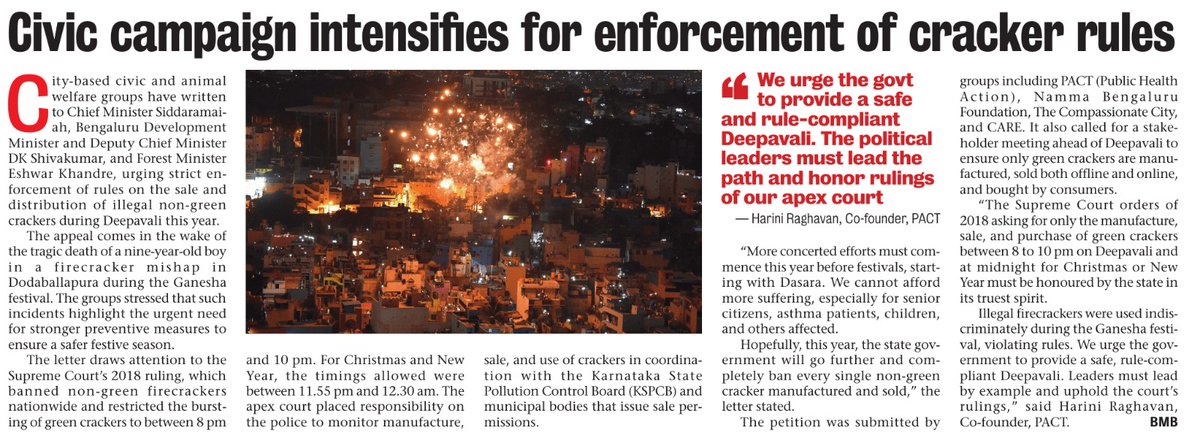 15 year old dies in fire cracker incident in Bengaluru . Request GOK to kindly act

While SC decides the blanket ban on crackers , we request GOK to implement the 2018 SC orders around manufacture and sale of Green Crackers ( low decibel )  in its truest spirit. No more deaths.