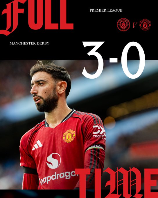 Full-time: Man City 3 United 0.