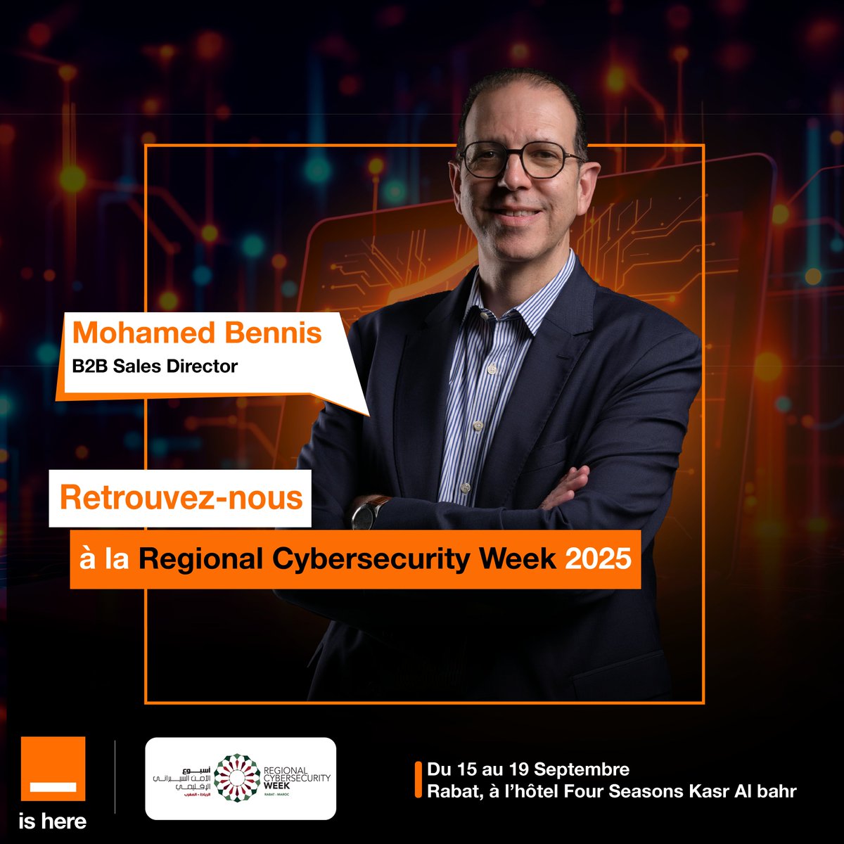 OrangeMaroc's tweet image. Soyez au rendez-vous pour l'intervention de Mohamed BENNIS, B2B Sales Director chez Orange Maroc, aux côtés de Hanane Lboukili, AWS Security &amp;amp; Compliance Strategist, Lead MEA, lors de la Regional Cybersecurity Week 2025.

Ils prendront la parole dans le cadre de la keynote «…