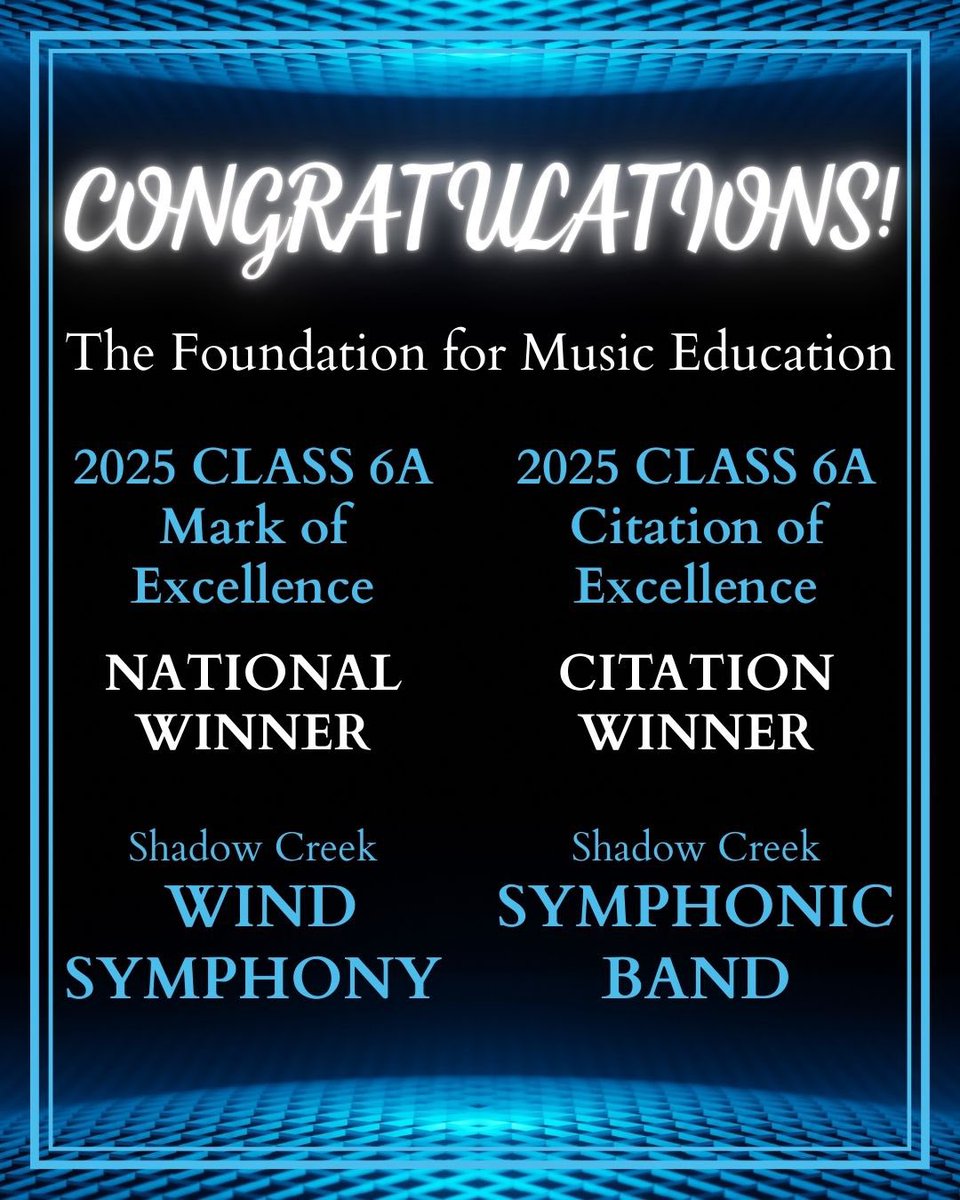 Amazing accomplishment in a national competition! Congrats to the Shadow Creek Wind Symphony &amp; Symphonic Band!! <a href="/ShadowCreekHS/">Shadow Creek HS</a> <a href="/AISDFineArts/">Alvin ISD Fine Arts</a> <a href="/AlvinISD/">Alvin ISD</a> <a href="/RMcNairJH/">Dr. Ronald E. McNair Junior High School</a> <a href="/NolanRyanJH/">NolanRyanJH</a>