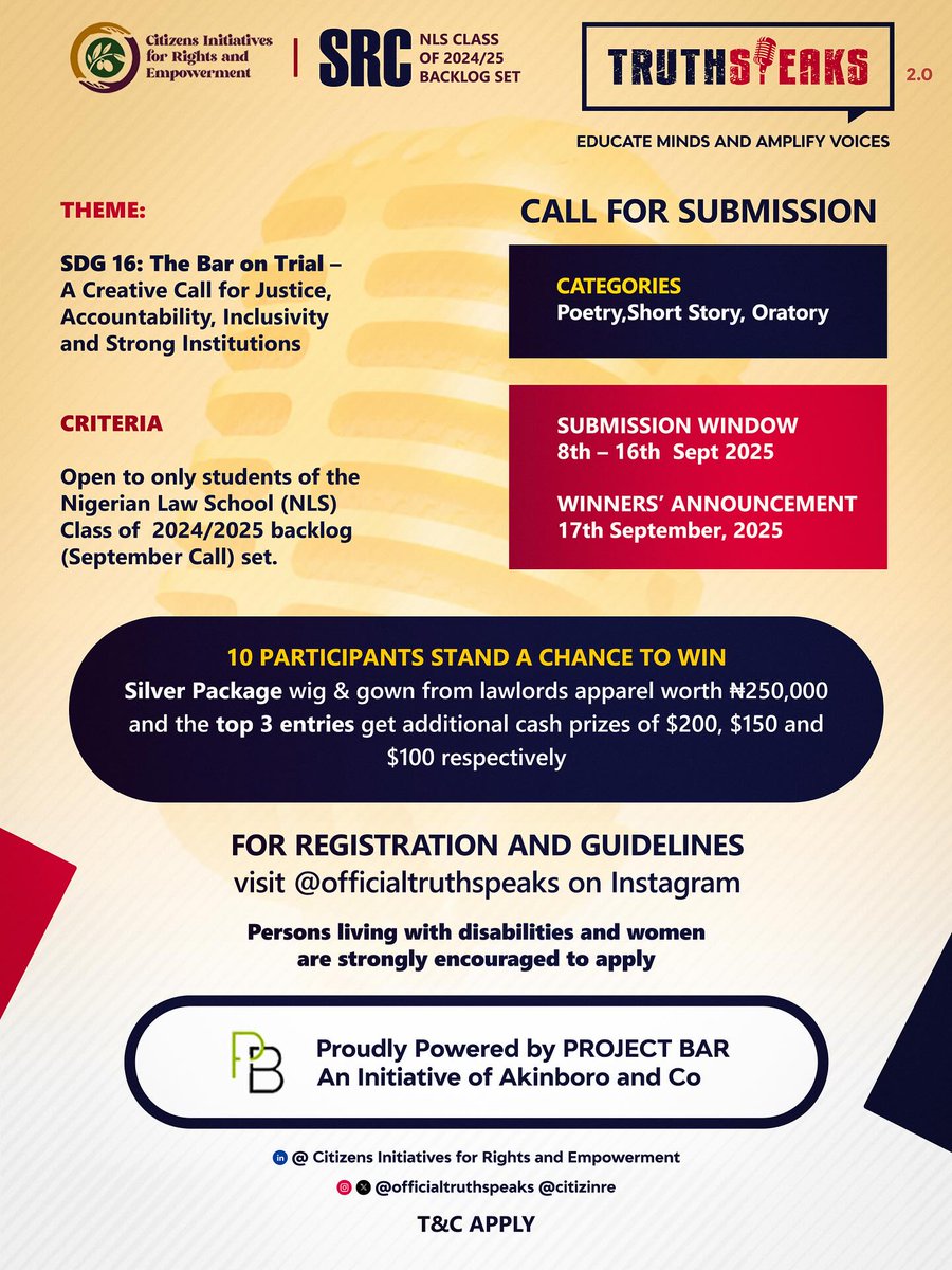 Simply_Fehin's tweet photo. Another edition of Truth Speaks competition is here!💯

Theme: SDG 16: The Bar on Trial — A Creative Call for Justice, Accountability, Inclusivity and Strong Institutions.

@citizinre

#truthspeaks #citizinre #SDG16 https://t.co/AD7DP2dM67