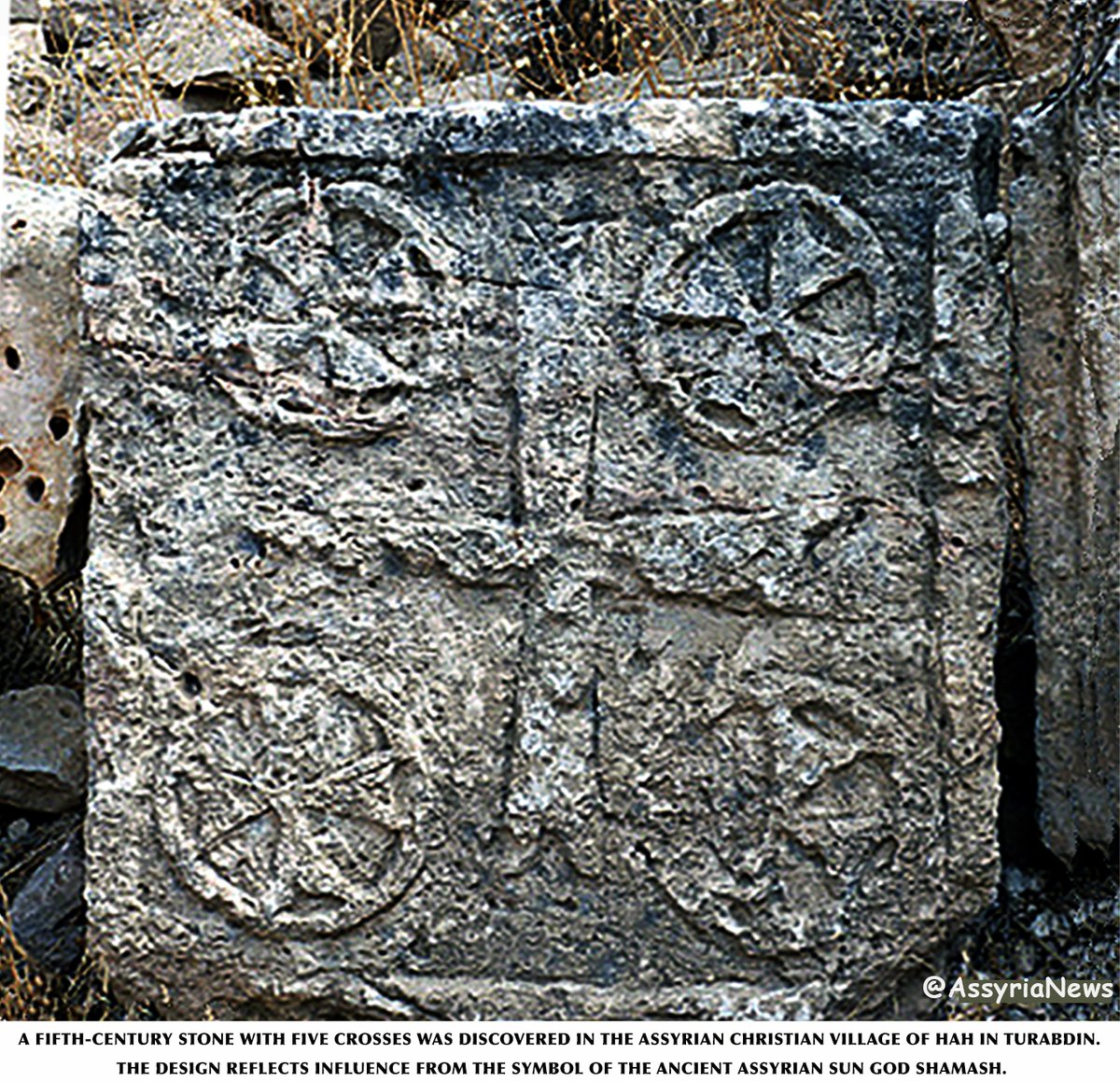 TodayAssyria's tweet photo. A fifth-century stone with five crosses was discovered in the #AssyrianChristian village of #ah in #Turabdin. The design reflects influence from the symbol of the ancient #Assyrian sun god #Shamash. #Cross https://t.co/fPcdothRf5