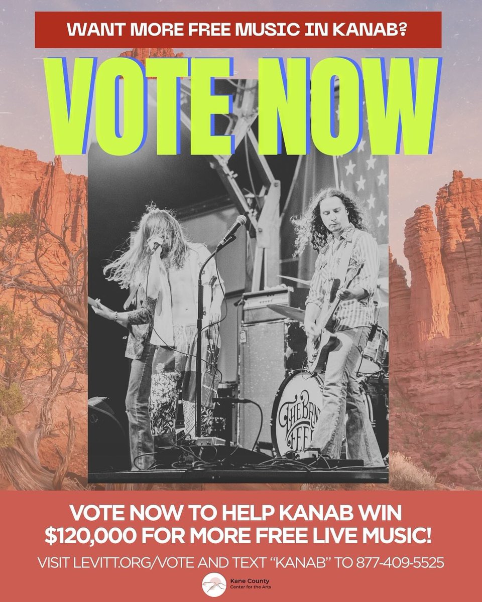 🎶 Last Chance to Vote! 🎶

Help bring more free concerts to Kanab by voting for Kane County Center for the Arts in the 2026 Levitt Music Series Grant. This opportunity could fund up to 10 free shows a year, doubling what we currently offer!

✅ Vote online: