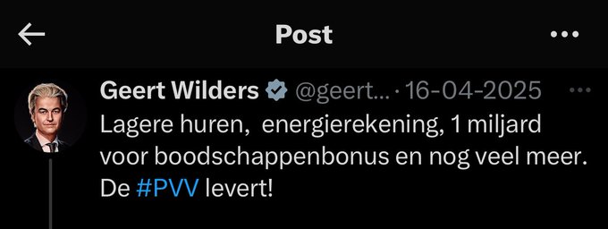 Dit toeterde hij in april. En liep weg zodra hij moest 'leveren'.
Letterlijk niets daarvan heeft de PVV 'geleverd'. En dat strengste beleid al helemaal niet.