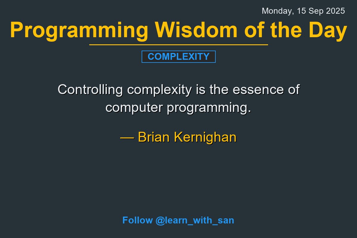 learn_with_san's tweet image. 💡 Programming Wisdom of the Day
🔄 Share to inspire others
❤️ Save for future reference
💬 Share your thoughts below
#CodeWisdom #365DaysOfWisdom