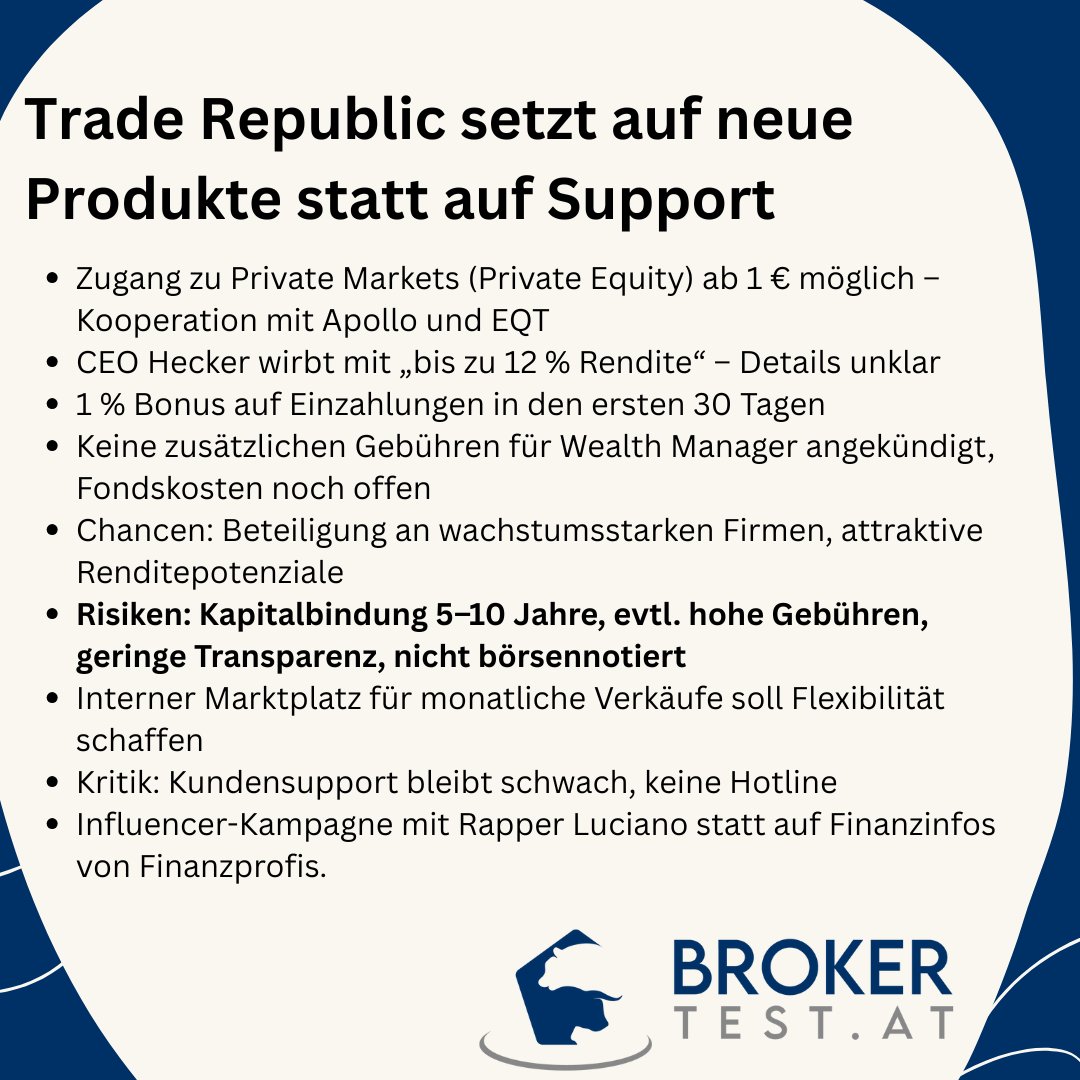 brokertest_at's tweet photo. Trade Republic setzt auf neue Produkte - Private Markets - statt auf Ausbau des Supports
https://t.co/W225jd2jyu
#TradeRepublic #WealthManager #PrivateMarkets #Finanzen #Investieren #BrokerNews https://t.co/HIHTPyjbMC