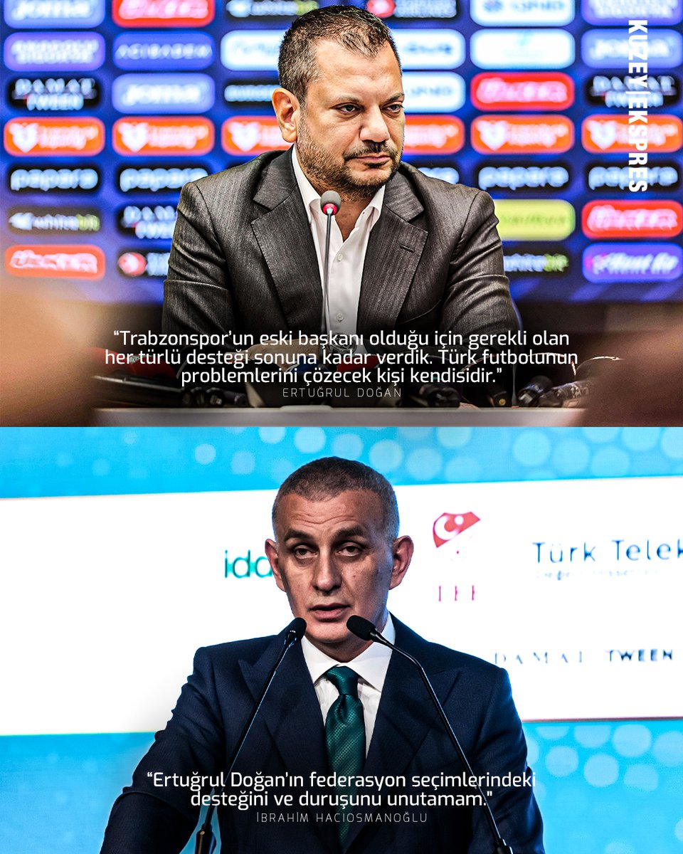 "KENDİN ETTİN, KENDİN  BULDUN. GÜL GİBİ SARARIP SOLDUN"

Ertuğrul Doğan: "Trabzonspor’un eski başkanı olduğu için gerekli olan her türlü desteği sonuna kadar verdik. Türk futbolunun problemlerini çözecek kişi kendisidir."

İbrahim Hacıosmanoğlu: "Ertuğrul Doğan’ın federasyon