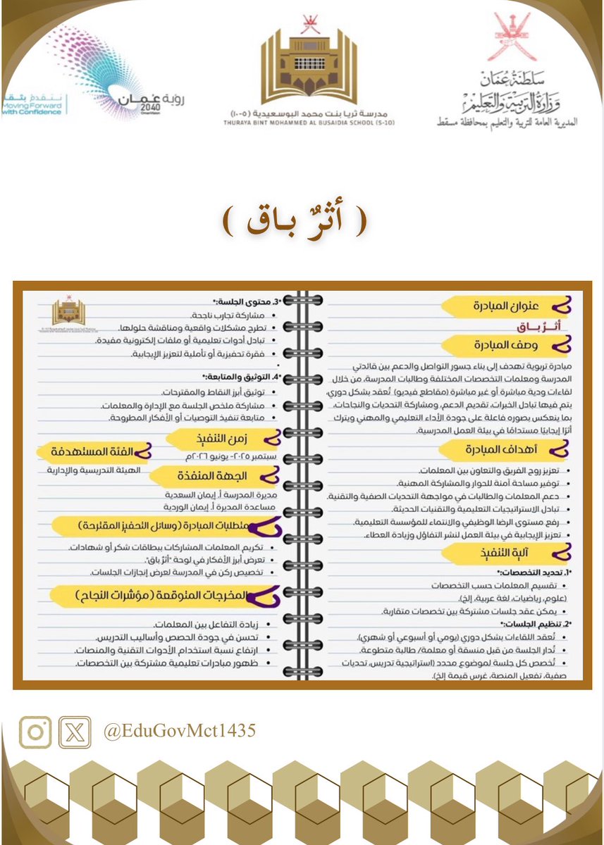 بهدف بناء جسور التواصل والدعم ومشاركة التحديات والنجاحات مع معلمات المدرسة وطالباتها، بما يترك أثرًا إيجابيًا مستدامًا في بيئة العمل المدرسية، بدأت قائدتي المدرسة أ. إيمان السعدية وأ. إيمان الوردية تنفيذ مبادرة🌿أثرٌ باقٍ🌿  مع طالبات الصف١٠/ ٢.
#أثرٌ_باقٍ 
#تعليمية_مسقط