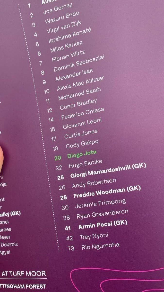 LFCVine's tweet image. Lovely touch by Burnley including Diogo Jota onto the squad listing on the back of the programme for the game today.👏