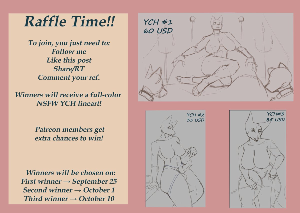 Raffle Time!

You just need to:
Follow me
Like n RT this post
Comment your ref.

Winners will receive a full-color 
NSFW YCH lineart!

Patreon members get extra chances to win!

First winner → September 25