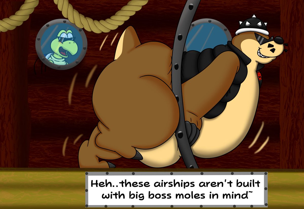 DatBlueYoshi's tweet image. Collab between myself and someone who wants to remain anon. My big baddie boss mole Diego is having a bit of trouble with the doors in the airship! They clearly weren't designed with is big fat self in mind~