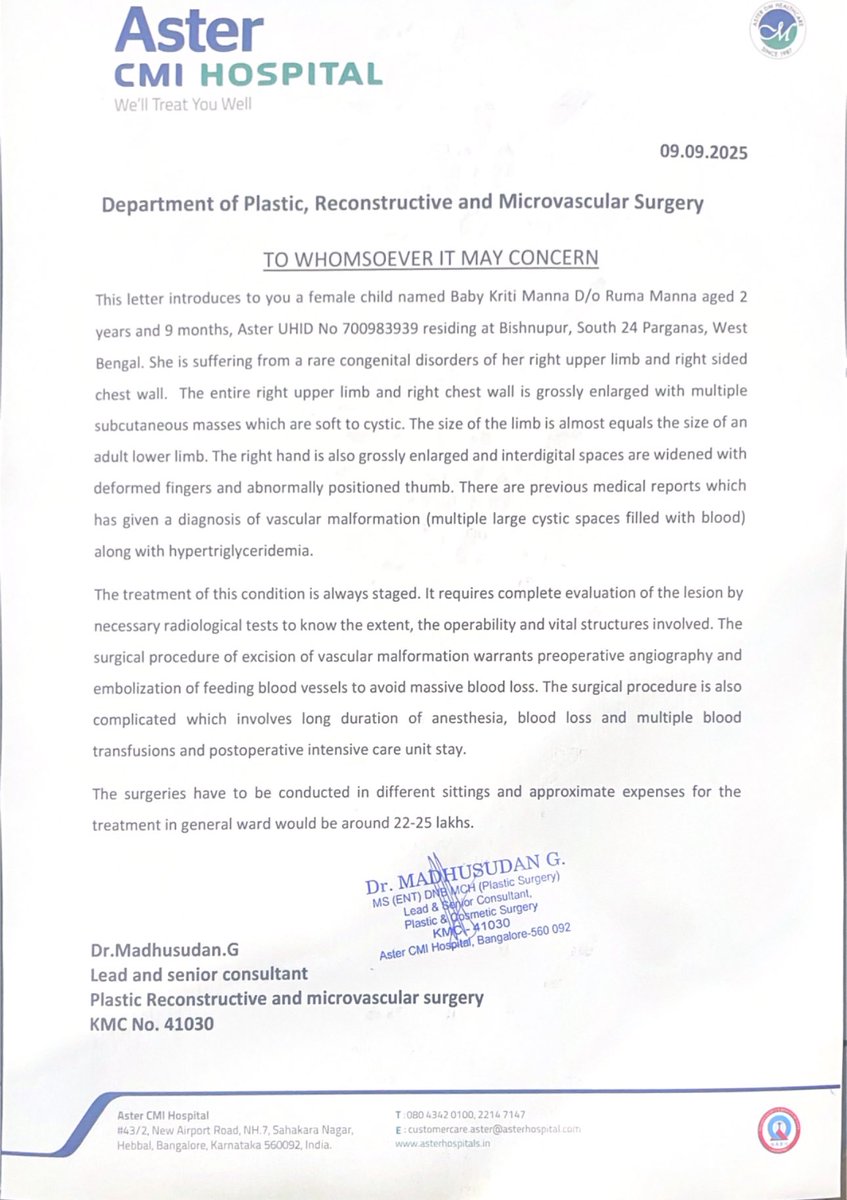 Ruchishri's tweet photo. Child is kriti manna, daughter of Ruma manna. Attaching the letter by the hospital and also the requirement is listed at @ketto please help. The child needs the funds.
Requesting other members of the party aswell to help @MahuaMoitra @MamataOfficial @derekobrienmp https://t.co/ph1d5mmhbK