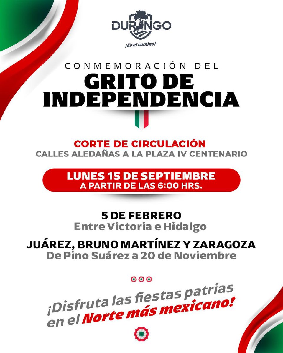 DurangoCap's tweet image. ¡Tómalo en cuenta! ⚠️
A disfrutar de las fiestas patrias con orden y en paz.
¡Gracias por tu comprensión y apoyo! 🤲🏻
#DurangoEsElCamino 🐺