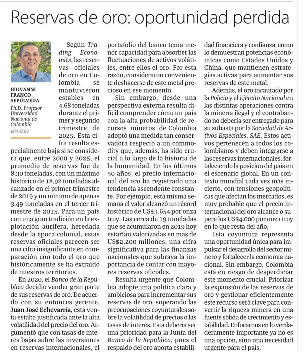 Reservas de Oro: Oportunidad Perdida
<a href="/BancoRepublica/">Banco República 🇨🇴</a> <a href="/activosSAE/">Sociedad de Activos Especiales</a> <a href="/petrogustavo/">Gustavo Petro</a> 
Columna de opinión en <a href="/larepublica_co/">Diario La República</a>