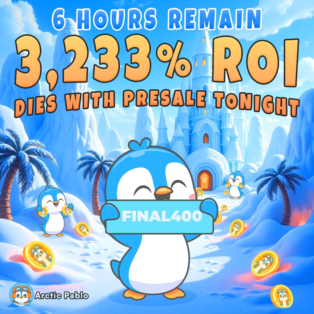🚨 6 HOURS LEFT 🚨

Dude… this is the final frostbite countdown! ❄️ The presale doors are slamming shut, and Pablo’s last bonus code FINAL400 is live for the last wave of legends. 🐧💎

In just 6 hours, it’s no longer about “buying in”… it’s about wishing you did. Every bag now