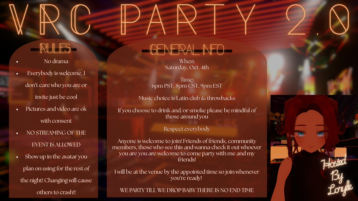 LorylieVT's tweet image. I am hosting another VRC party! WOOO!!! Coming October 4th 
If you would like to join me, my friends and community at this party, request to join my group before the 4th and I will see you there!❤️
vrc.group/LORY.6482