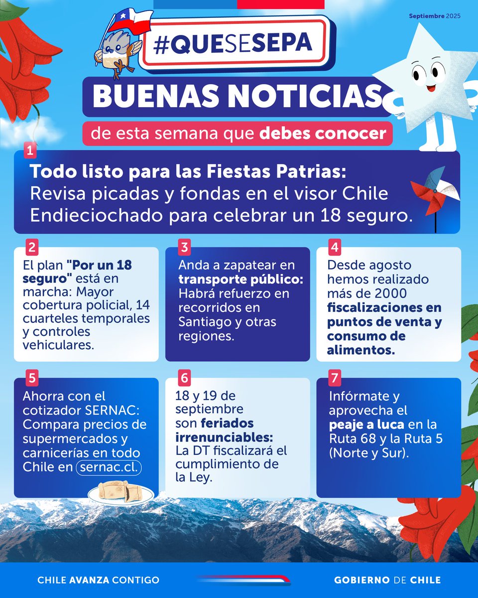¡#QueSeSepa que ya está todo preparado para celebrar las Fiestas Patrias del 2025 de manera segura! Revisa medidas y recomendaciones en el sitio web 18seguro.cl 📲 y que ¡viva Chile! 🇨🇱