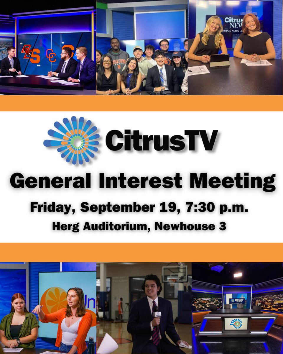 Want to be part of CitrusTV? 🎬

Whether you’re into producing, hosting, anchoring, photography, or social media, there’s a place for you!

Join us at our General Interest Meeting  THIS FRIDAY and discover everything CitrusTV has to offer!