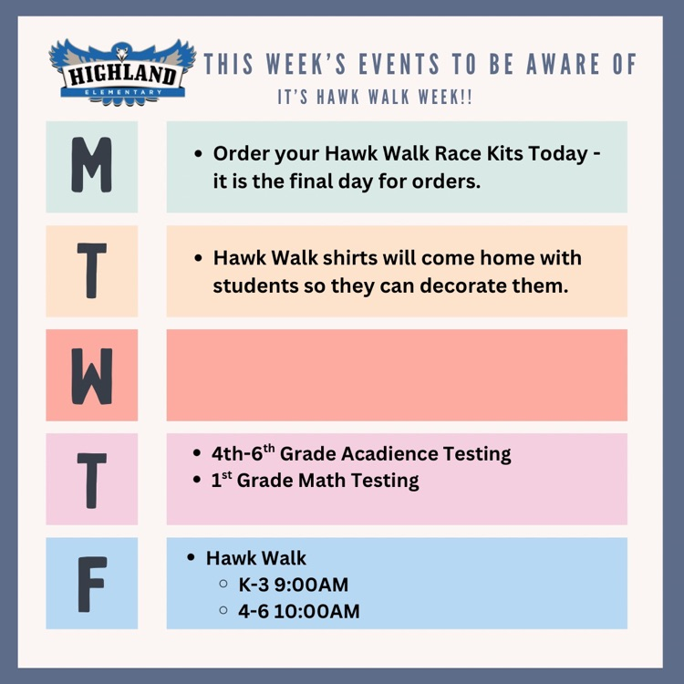 HighlandElemen5's tweet photo. We're embarking on Hawk Walk week! We are about 1/2 way to our overall fundraiser goal...can you help us get to the top and tape Mr. Killpack to the wall! Checkout the weekly schedule for everything happening this week. https://t.co/FgtTsBN95Z
