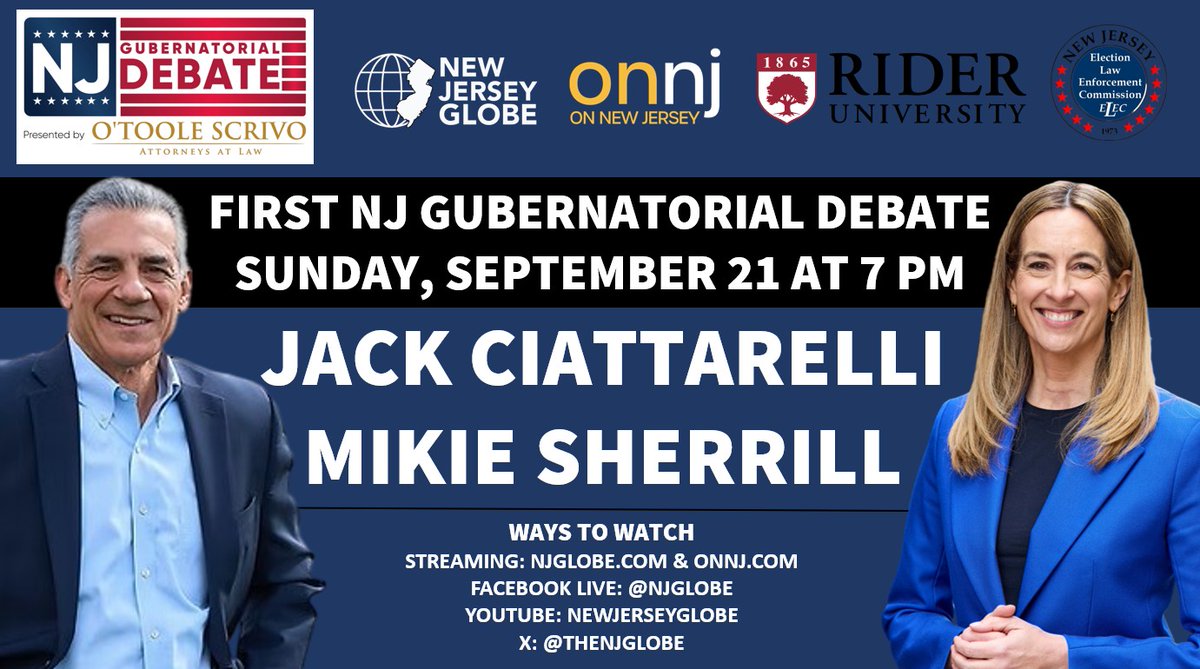 7⃣ Days until the first New Jersey Gubernatorial Debate between Jack Ciattarelli and Mikie Sherrill on Sunday, September 21 at 7 PM, sponsored by the New Jersey Globe, On New Jersey, and Rider University.