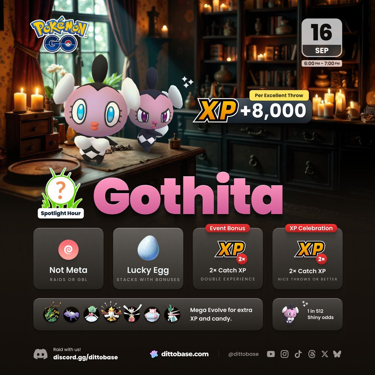 dittobase's tweet photo. 8× Catch XP for Nice throws or better w/ a Lucky Egg during Gothita Spotlight Hour this Tuesday #PokemonGO https://t.co/p65hVdogE2