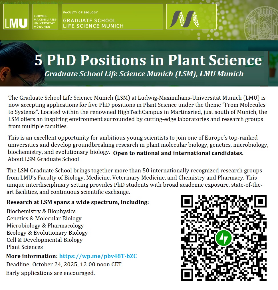 📌 5 PhD Positions in Plant Science – Graduate School Life Science Munich, LMU Munich, Germany 🇩🇪, See details at: wp.me/pbv48T-bZC
