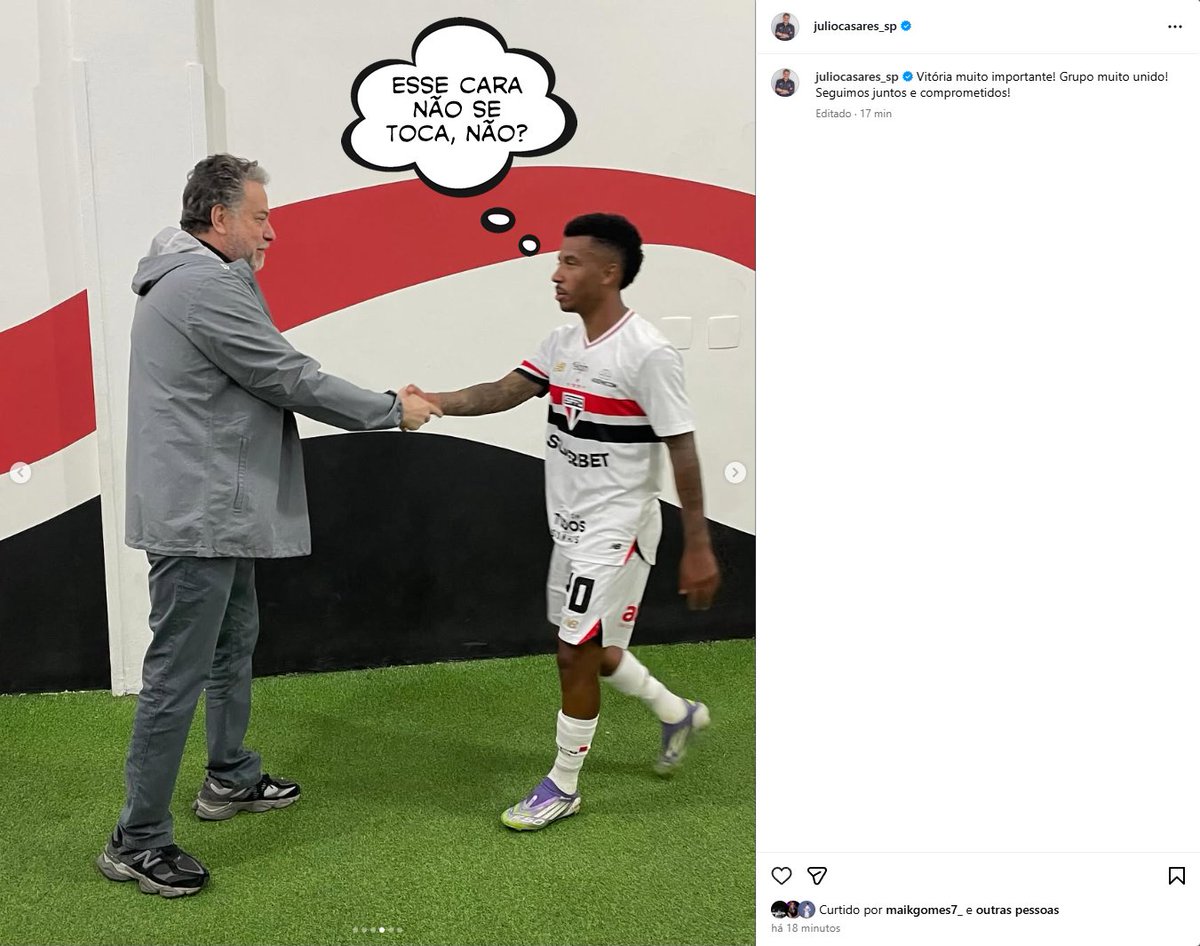 Prestar esclarecimento à torcida e mesmo aos conselheiros sobre o FIP? ❌

Postar SEIS fotos pós-vitória com jogadores, sem comentários abertos? ✅

Senhoras e senhores: Júlio Casares, o presidente que tem MEDO da torcida!