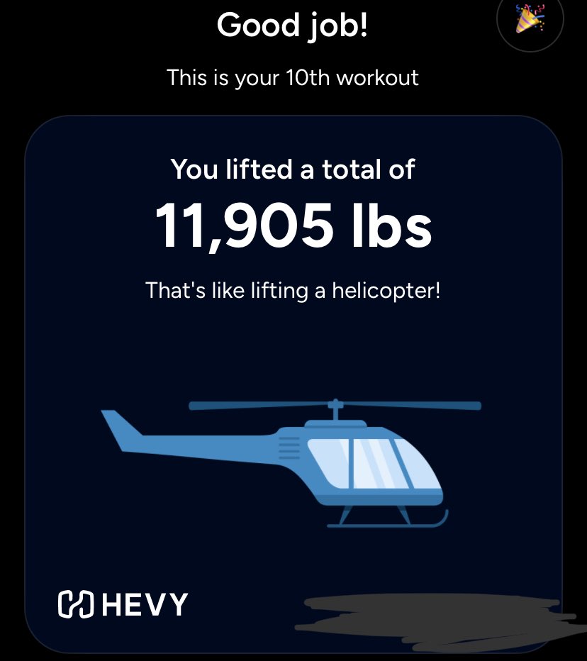 I started using the <a href="/HevyApp/">Hevy</a> app a few weeks ago to track my workouts.

Haven’t tracked my workouts in a few years. Forgot how impactful it is.

My favorite part is peeking the “total lbs lifted” card at the end.