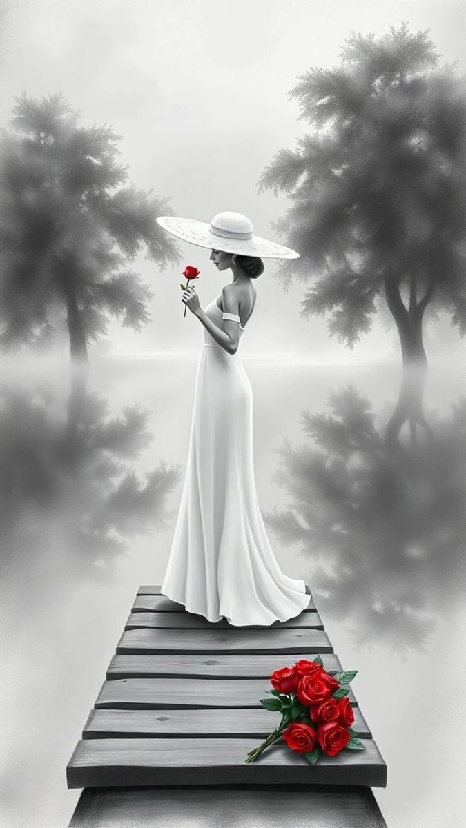 امرأة من ضوء
تمشي فوق جسر صامت
تمسك وردة حمراء
كأنها آخر دفء في العالم

فستان أبيض
يذوب مع الضباب
قامة طويلة
مثل سطر ناقص
ينتظر أحد
يكمّل الحكاية

وعلى طرف الخشب
ورود ثانية تستريح
تشهد أن الحـــب
مو دايـــم يزهر في البساتين
أحيان ينبت وحيد
وسط عتمة الضباب 🌹