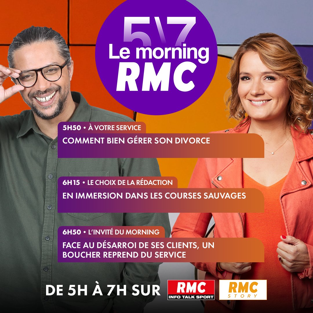 ⏰ Bonjour et bon réveil sur RMC ! C'est l'heure du "5/7 Le Morning RMC" avec <a href="/PascaledeLaTour/">Pascale de La Tour</a>, <a href="/MattBelliard/">Matthieu Belliard</a> et toute leur équipe.

Voici le programme :
► 5h50 : <a href="/emulon/">Mulon Elodie</a>, avocate spécialiste droit de la famille
► 6h15 : <a href="/aurenche_a/">Alfred Aurenche</a>, journaliste RMC
► 6h50 : Franck Serveau,