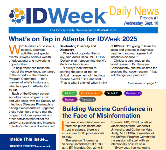 Get ready for #IDWeek2025 with our first IDWeek Daily News preview issue! Event highlights, session previews, daily schedules and much more.

Read all about it:  pageturnpro.com/JHCLLC/112745-…
