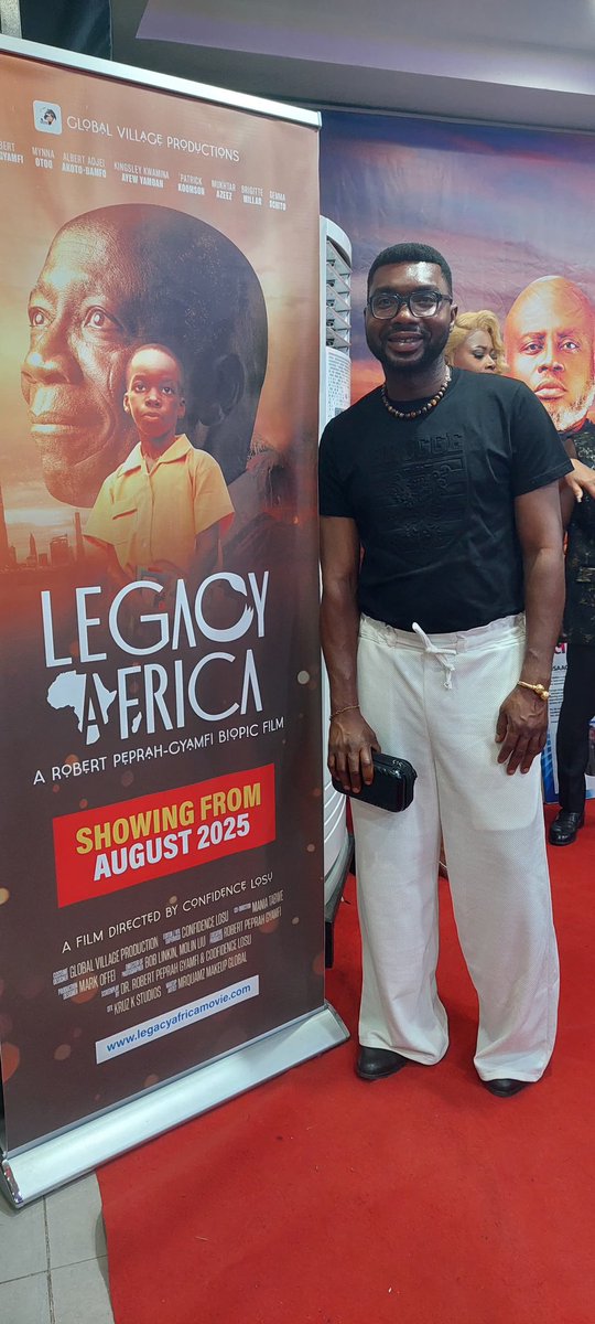 AfroGanza's tweet photo. ✨ Red carpet elegance! Afro Ganza at the Legacy Africa premiere 🔥

Our Founder &amp; CEO @_ElvisResCue lit up the red carpet at the Legacy Africa premiere in Accra, Ghana – rocking elegant white African palazzo pants paired with a sleek black top, chic purse and matching shoes. https://t.co/QwkxEEVY1Q