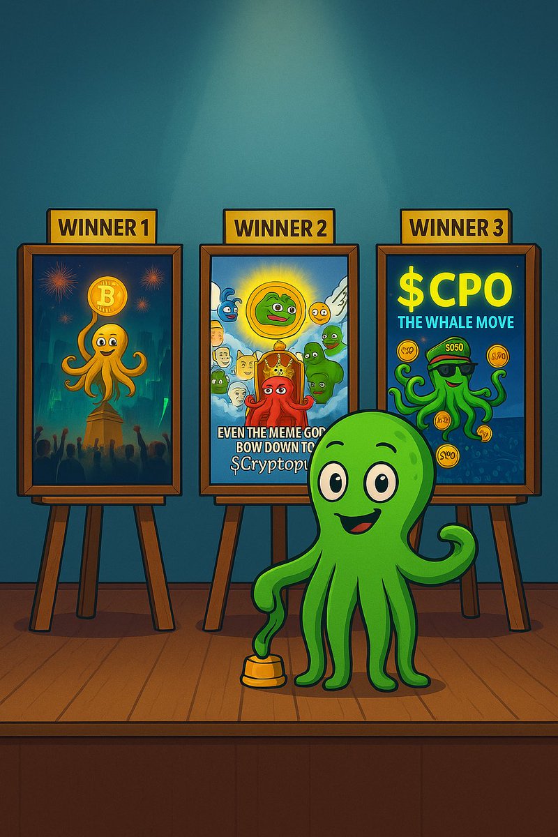 CryptopusCPO's tweet photo. The stage is set. 🐙✨
3 winners, 1 community, endless memes.
Congrats to our Meme Contest Champions! 🥇🥈🥉
I text you on Tg!👏
#CPO #MemeContest #CPOtoTheMoon https://t.co/bY9LIrT9oZ
