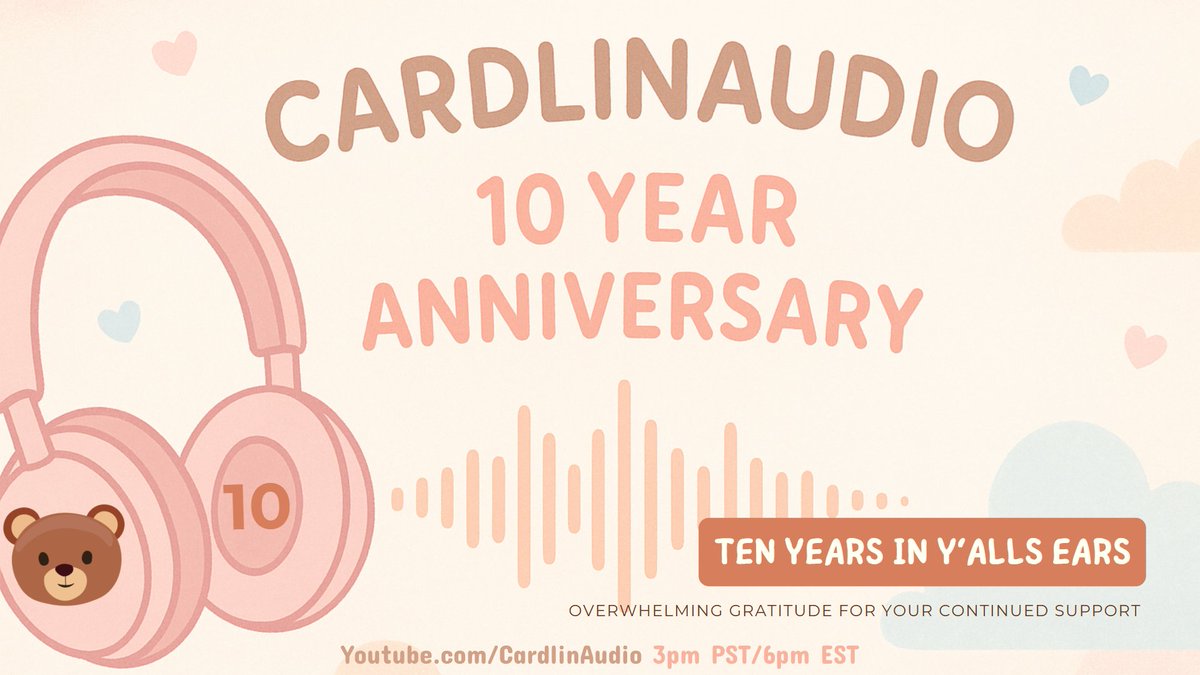 Today marks the 10 year anniversary of the CardlinAudio channel!

It's been such an amazing journey and I'll be holding a celebration stream with lots of fun stuff planned so join us at 3pm PST/6pm EST over on Youtube.com/CardlinAudio ʕ •ᴥ•ʔ