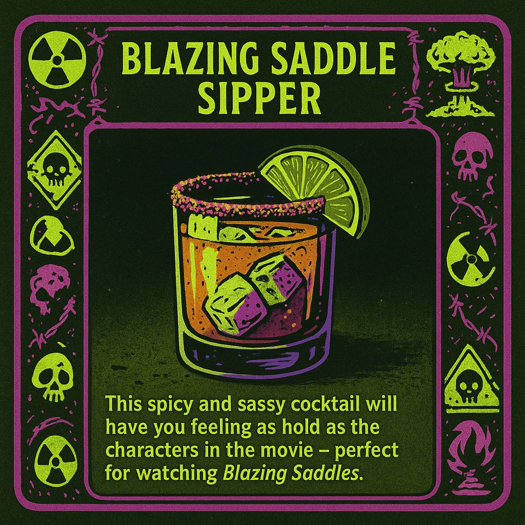Introducing the Daily Sipocalypse cocktail: Saddle Up, Sip Down! 🍹🔥 Watch Blazing Saddles with 2 oz tequila, 1 oz lime juice, agave syrup, hot sauce, and a salt/chili powder rim. Submit your own games at sipocalypse.fun #DrinkThroughTheChaos #Sipocalypse