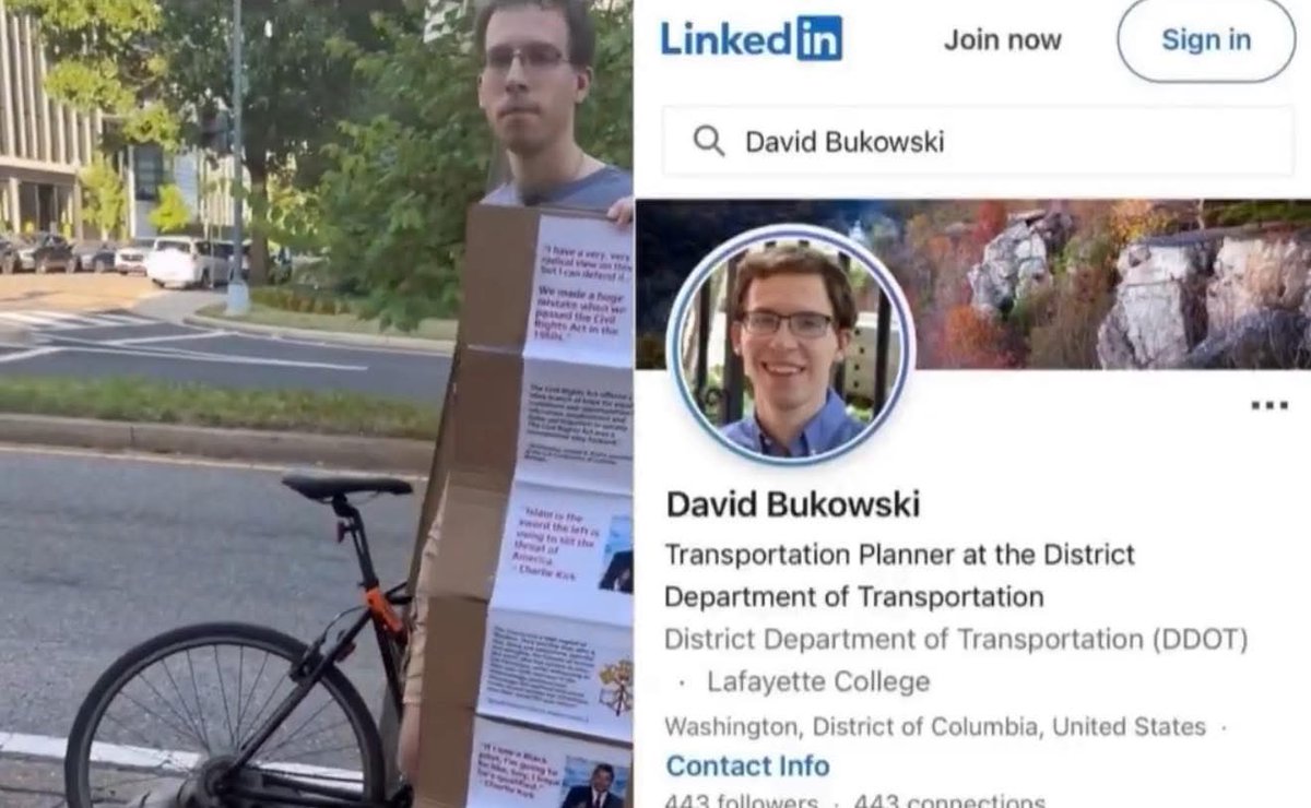 BREAKING - The leftist who celebrated Charlie Kirk’s death outside a Washington DC vigil has been identified as District of Columbia Department of Transportation employee David Bukowski, and it sure would be a shame if you gave his job a ring.