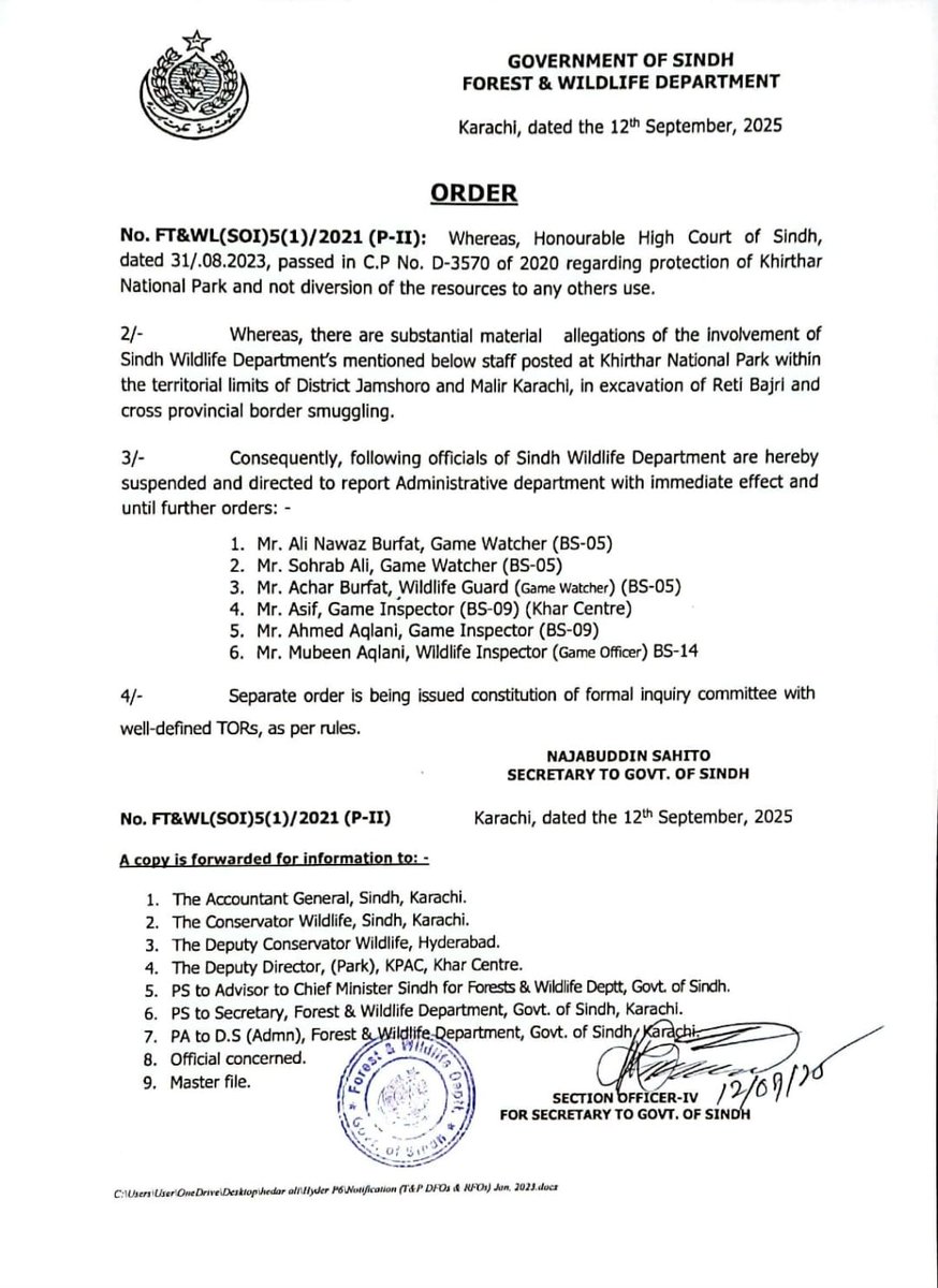 BalochHafeez201's tweet image. 🚨 Despite a court stay order, illegal mining, hunting, deforestation &amp;amp; cross-border smuggling continue inside #KirtharNationalPark.
Sindh Wildlife Dept has dismissed 6 officials for collusion — but this is only the tip of the iceberg...1/4
#SaveKirthar #SaveKohistan 
@UN