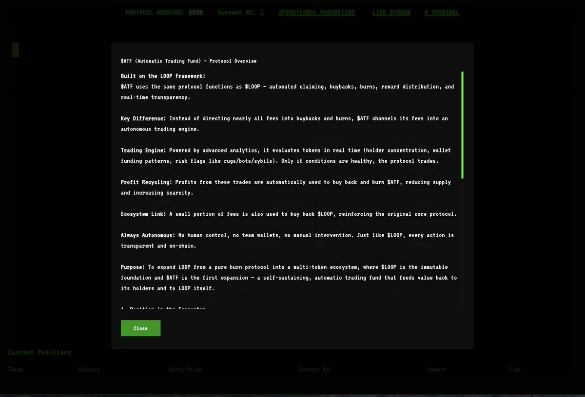 The LOOP never stops.
Always claiming. Always buying. Always burning.
But the framework is ready to evolve.
A new autonomous module is coming online.

ATF – Automated Trading Fund
The next agent in the $LOOP ecosystem.
Profits fuel $ATF burns and buy back $LOOP too.

Relentless.