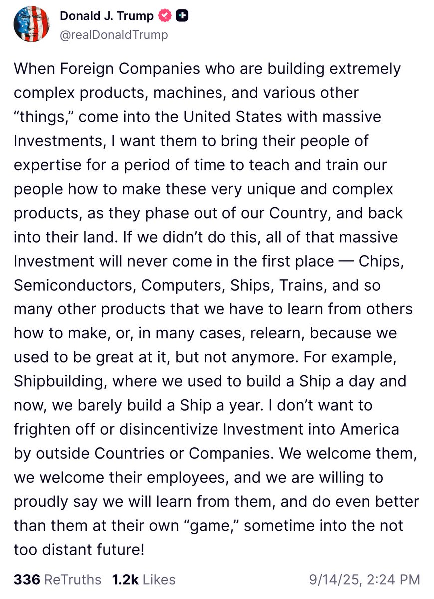 🍿 Donalda vyděsila reakce Jižní Koreje, která hlasitě mluví pozastavení (a do budoucna o možném přehodnocení) investic v USA v reakci na skandální zátah ICE v Georgii.

Korejci dali najevo, že USA buď změní přístup a upraví pravidla, nebo čau. 

FAFO 🤷